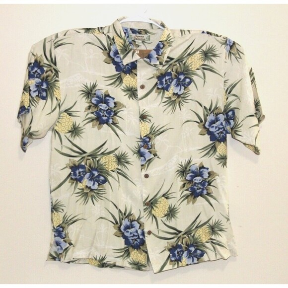 Tommy Bahama Mens Hawaiian Shirt 100% Silk Aloha Floral Pineapple Blue Green Lrg - Picture 1 of 6